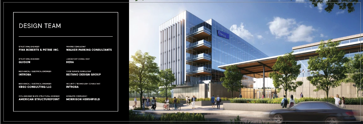 Presentation spread listing the design team consultants on a black panel at left, next to a rendering of a modern glass office building with trees and people in the foreground.