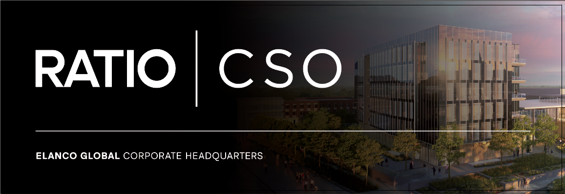 Banner reading RATIO | CSO in large white letters over a darkened rendering of a glass office building at dusk, with the line Elanco Global Corporate Headquarters beneath.