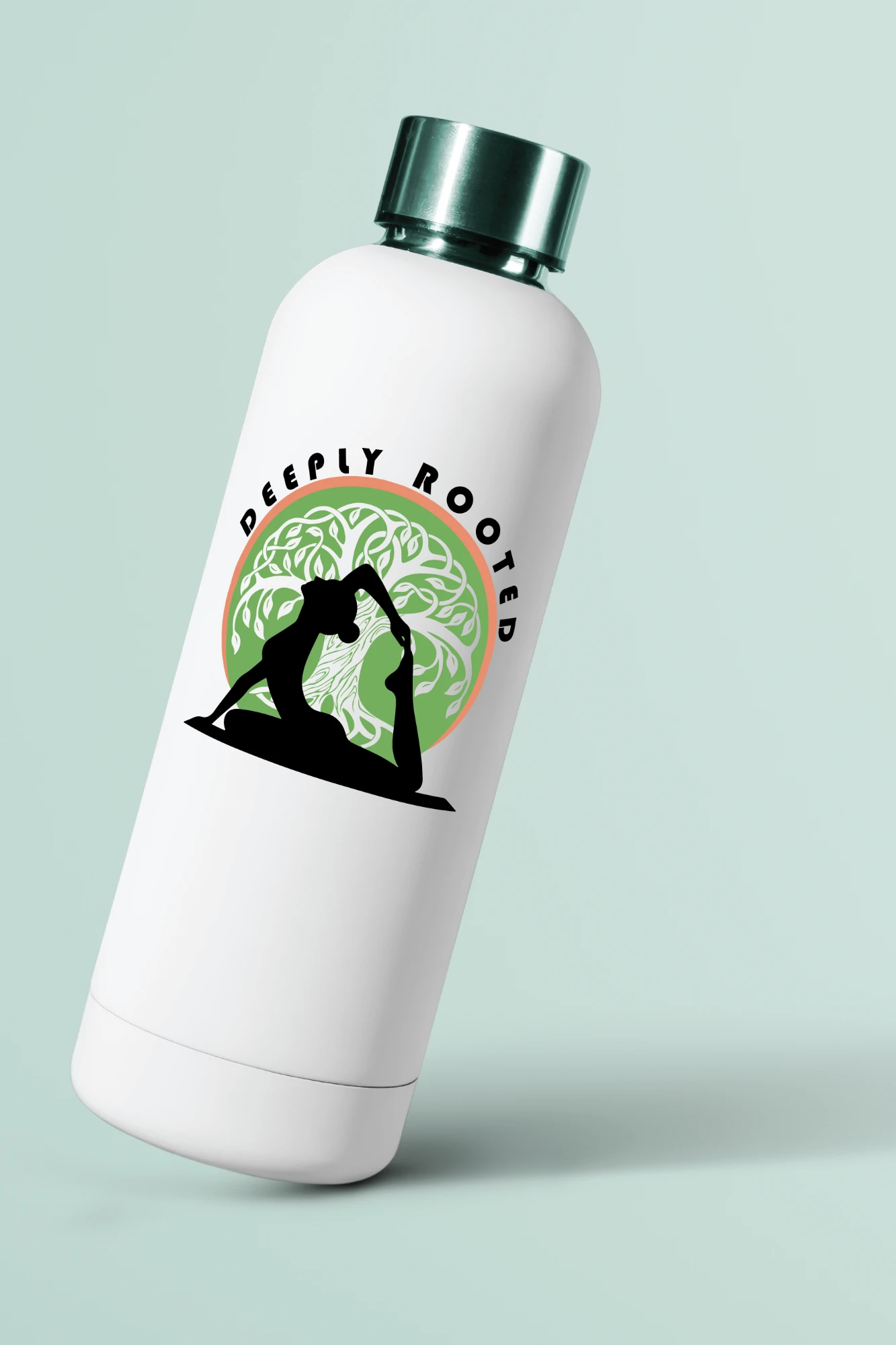 White water bottle with a green cap, tilted against a mint background, printed with the Deeply Rooted yoga logo.