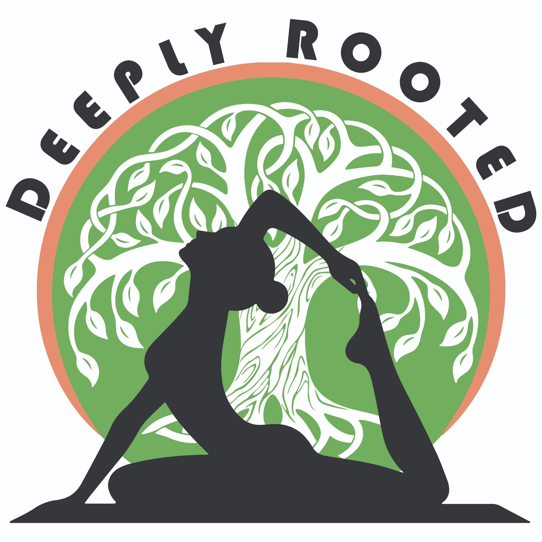 Deeply Rooted logo: a black yoga silhouette in front of a white tree inside a green circle with a coral outline, with the name arched across the top.