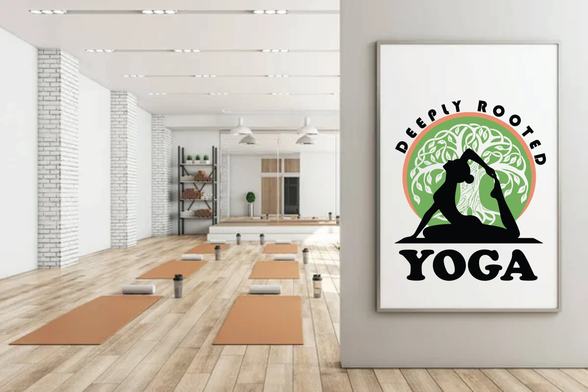 Mockup of a bright yoga studio with orange mats and a brick-pillar wall, where a framed Deeply Rooted Yoga poster hangs on the right.