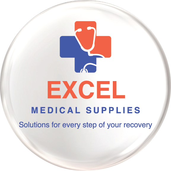 Round glass-style badge with the Excel Medical Supplies logo: a blue cross with an orange stethoscope above the words Solutions for every step of your recovery.