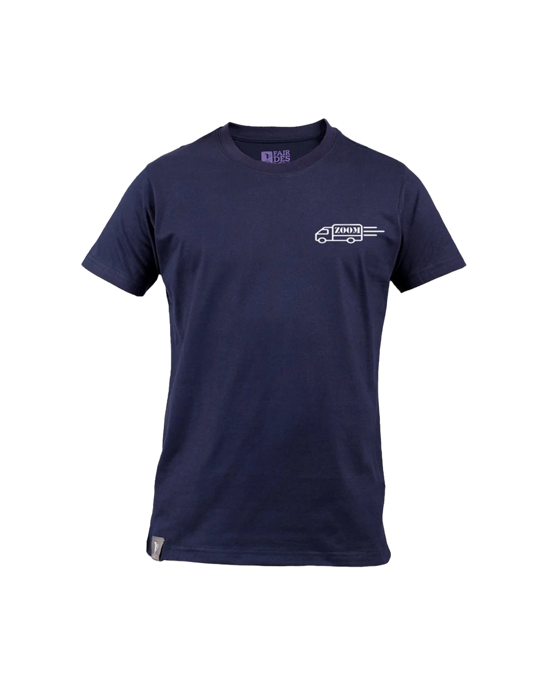 Navy T-shirt with a small white outline of a delivery truck marked ZOOM on the chest.