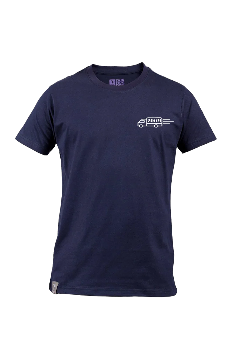 Navy T-shirt with a small white outline of a delivery truck marked ZOOM on the chest.