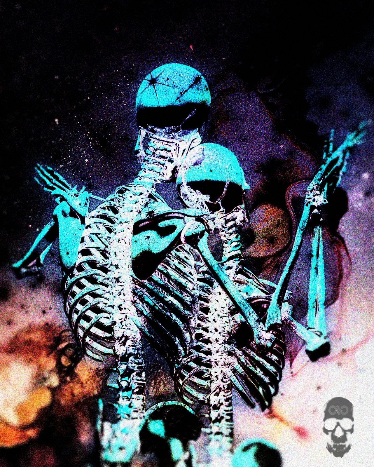 Two cyan-lit skeletons lean into each other against a black field of smoky nebula color.