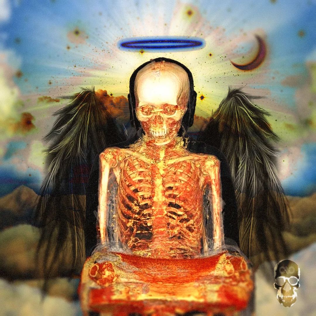 Golden skeleton in headphones sits beneath a blue halo, black wings spread against a hazy sunlit sky.