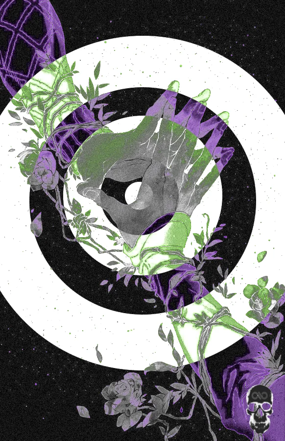 Gray hand wrapped in green vines and purple flowers floats inside black and white concentric rings.
