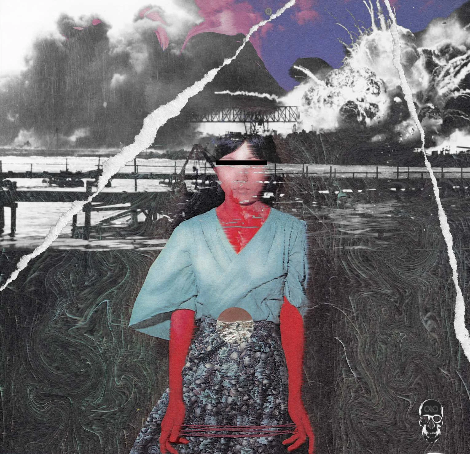 Woman in a teal top with red-painted arms and a black bar over her eyes, before a torn grayscale pier.