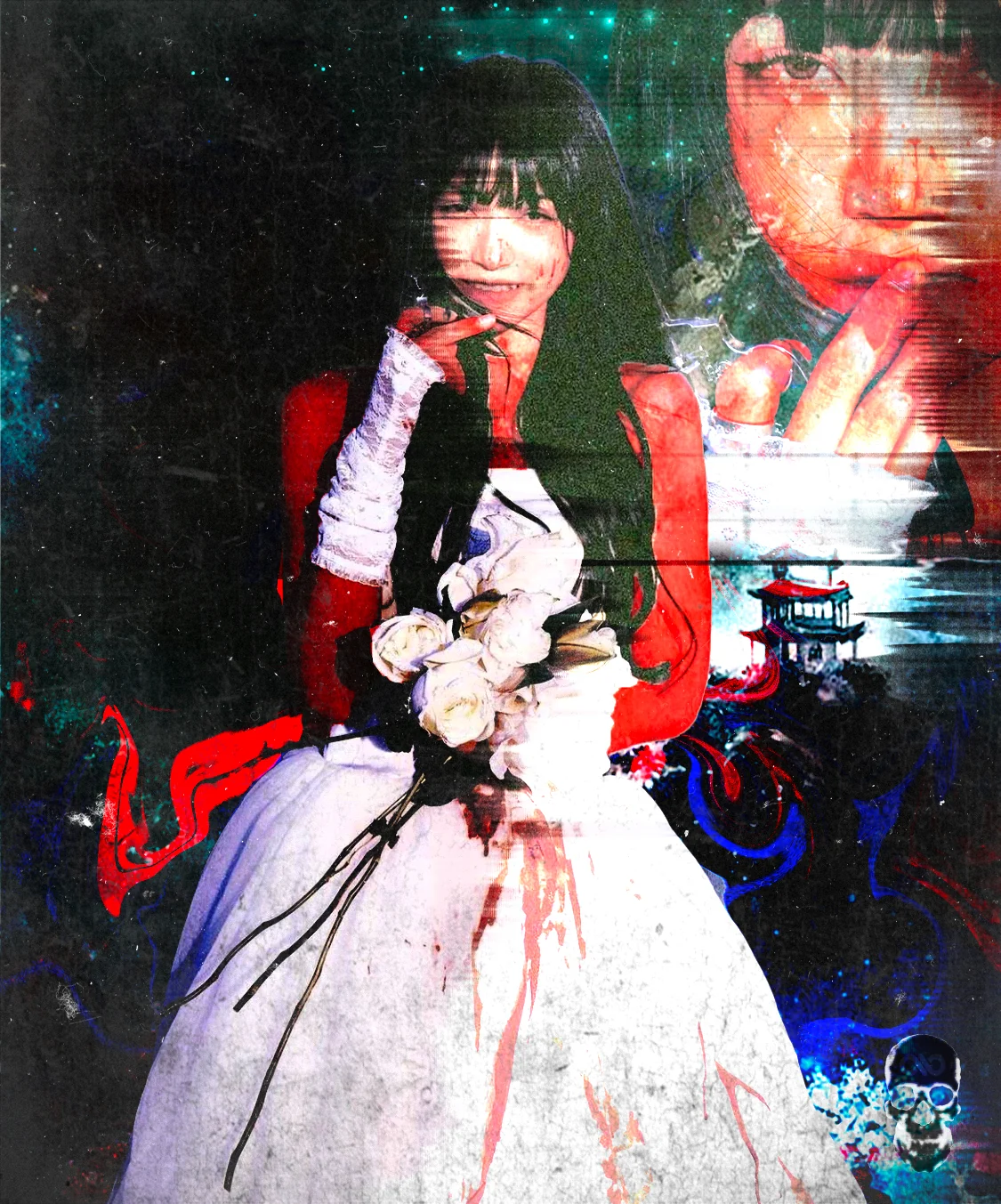 Girl in a white dress and red gloves holds pale roses, streaked with red glitch and a distant pagoda.
