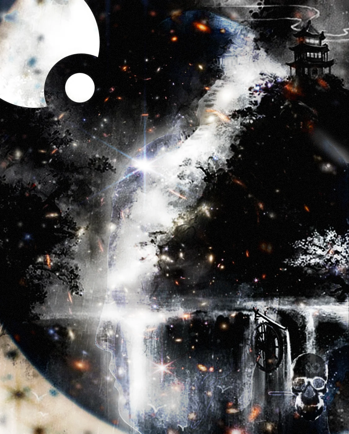 Pagoda on a dark cliff above a waterfall, set in a black starfield with pale moon circles.