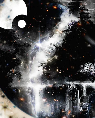 Pagoda on a dark cliff above a waterfall, set in a black starfield with pale moon circles.