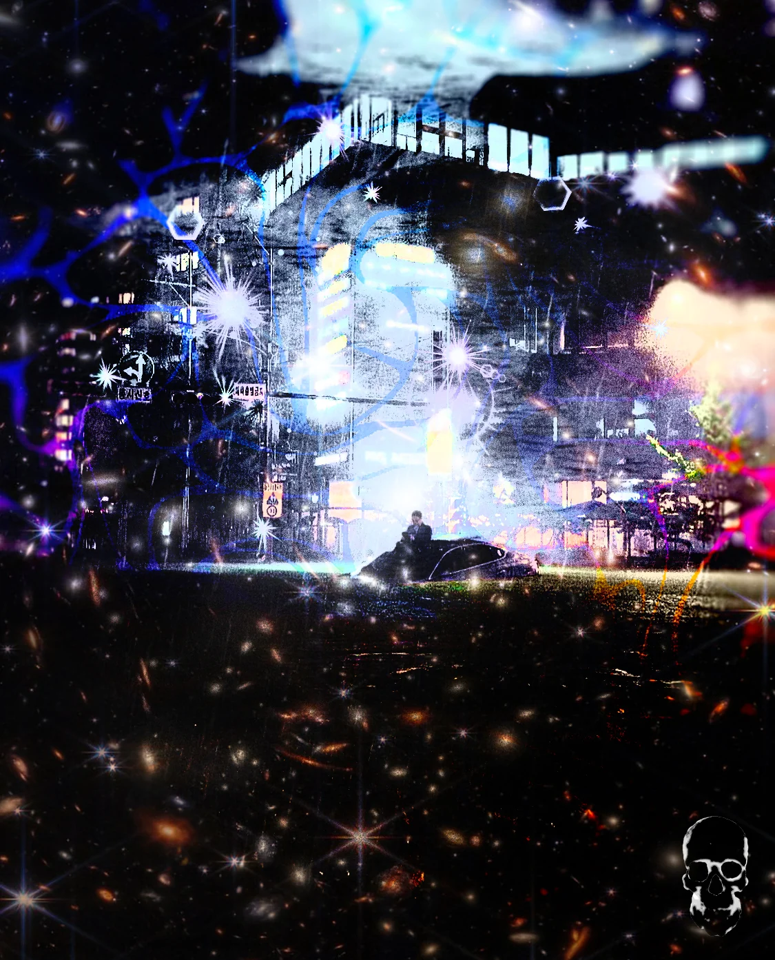 Neon-lit city block hovers in a deep starfield, a lone figure below in cold blue haze.