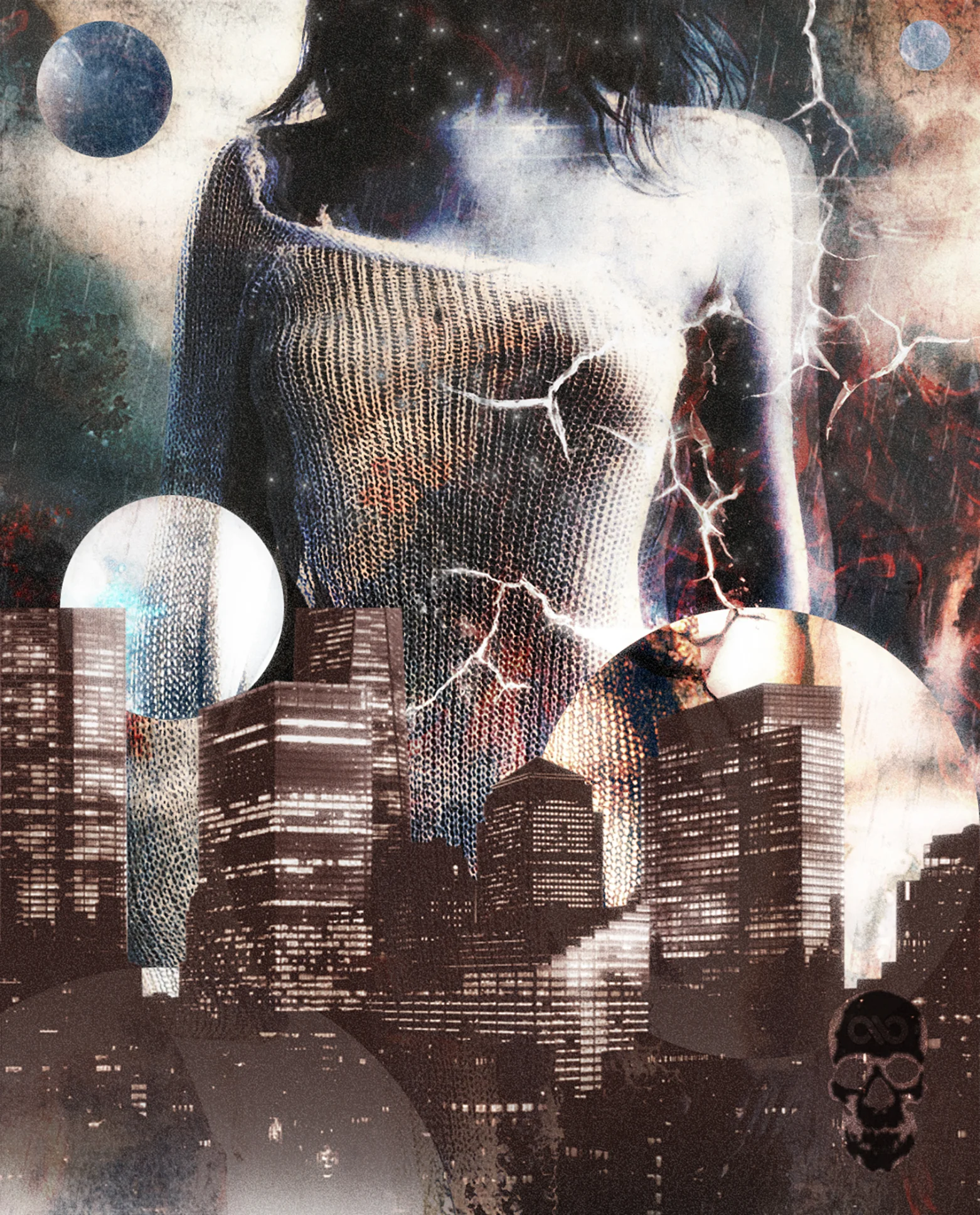 Woman in a knit sweater looms over a sepia city skyline, cracked by white lightning and pale moons.