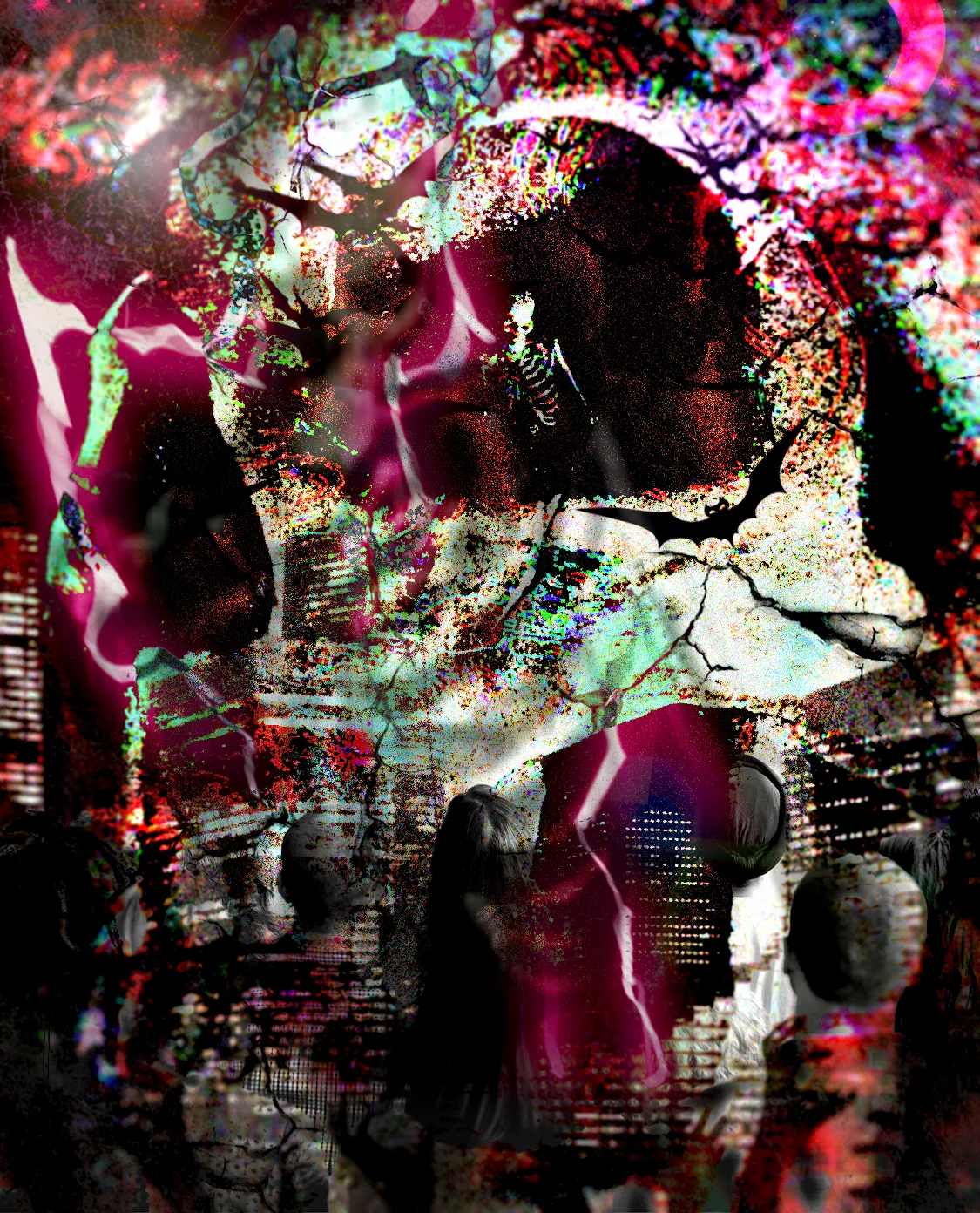 Dense glitch collage of cracked textures and shadowy figures in magenta, green and black.