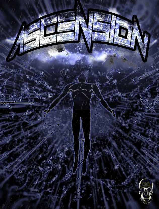 Figure rises into cold blue light rays beneath chrome ASCENSION lettering.