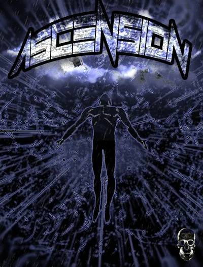 Figure rises into cold blue light rays beneath chrome ASCENSION lettering.