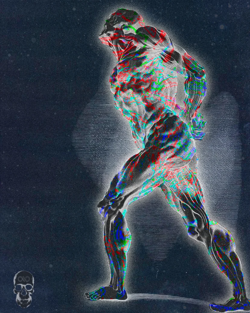 Muscular anatomical figure outlined in glowing red, green and blue, striding across dark navy.