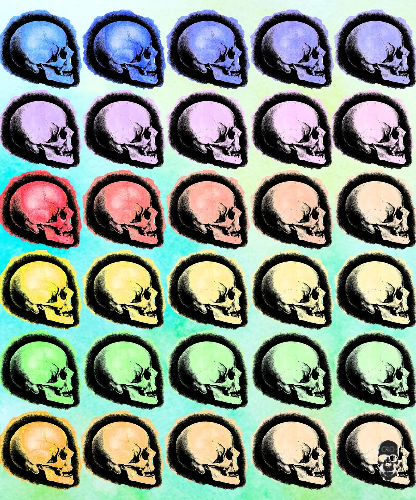 Grid of inked skulls tinted blue, violet, red, yellow, green and orange on a pastel gradient.