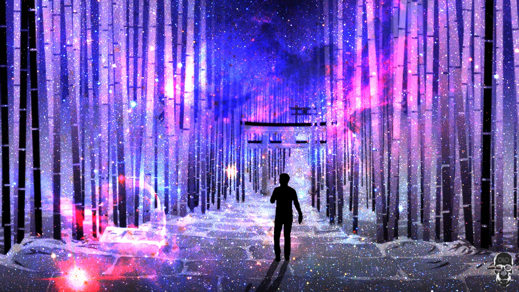 Silhouette walks a bamboo path toward a torii gate under a purple and pink galaxy sky.