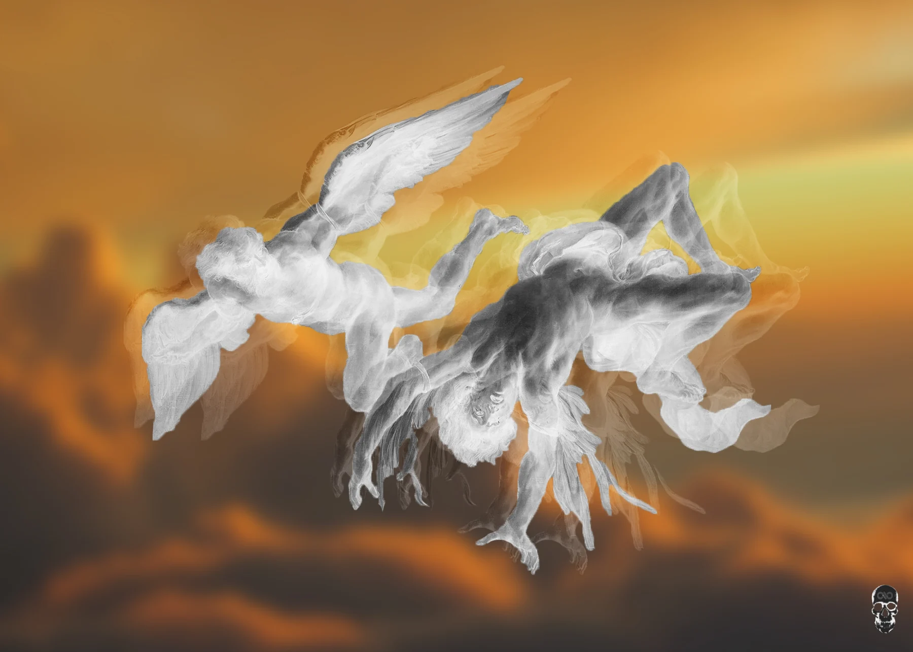 Ghostly white winged figures twist like smoke against amber sunset clouds.