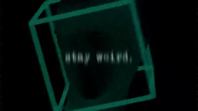 Teal wireframe cube around a shadowed face, with blurred stay weird text across the dark frame.